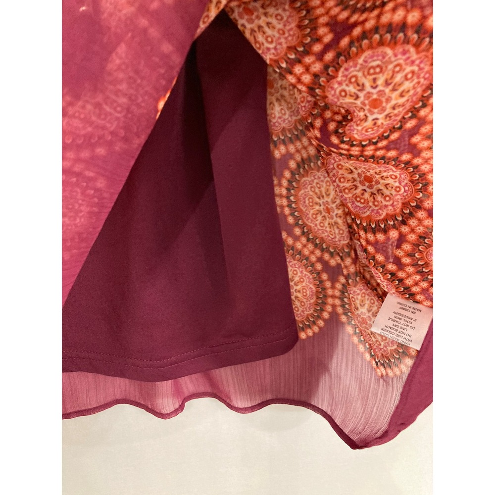 Rose & Olive Peasant Blouse XL Burgundy Boho Medallion Tassel Tie Chiffon Top - Picture 5 of 8